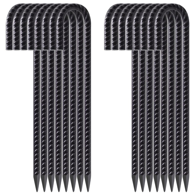 VVOKGO Rebar Stakes 12 Inch Heavy Duty J Hook 16 Pack, Galvanized Garden Tent Ground Stakes Steel Point End,Chain Link Fence Stakes for Dogs Digging Wire Fencing,Trampoline Stakes with Chisel,Black - Image 1